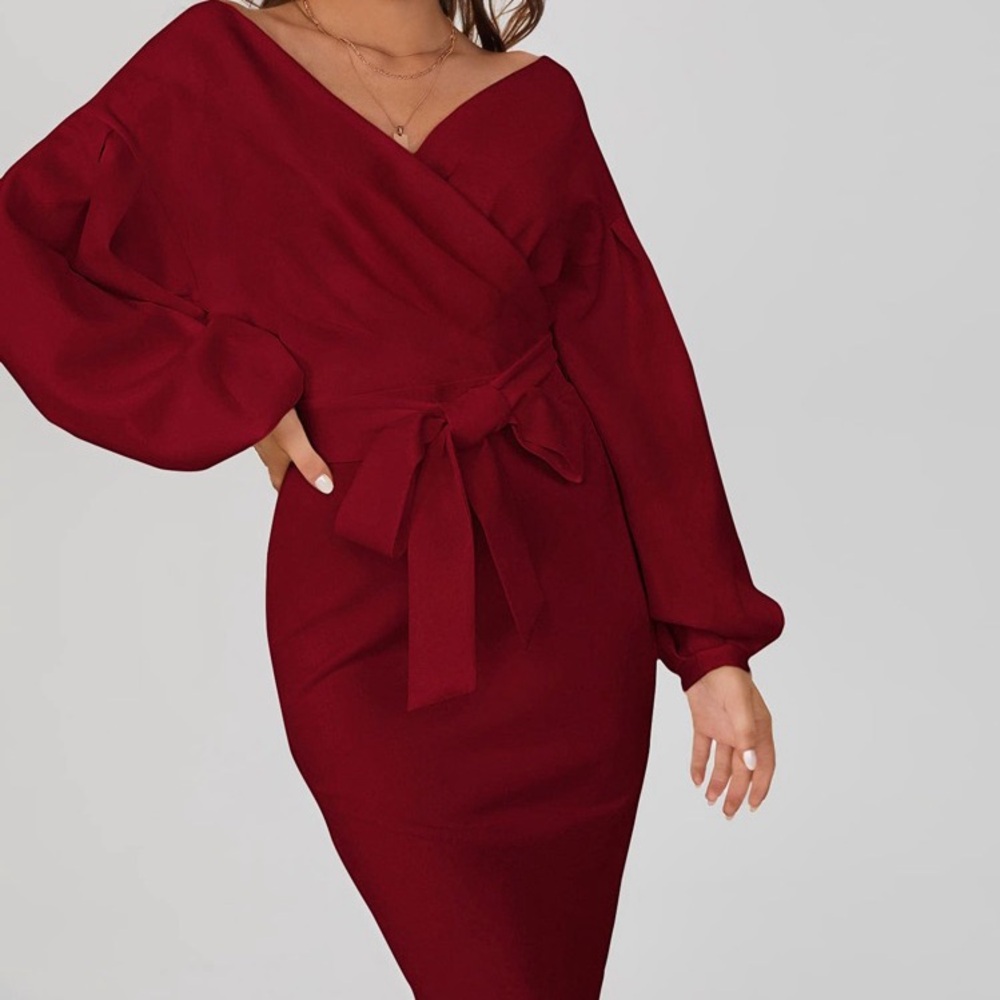 SHEIN Burgundy Gorgeous Long Sleeve Wrap Dress Sz L - Picture 3 of 11